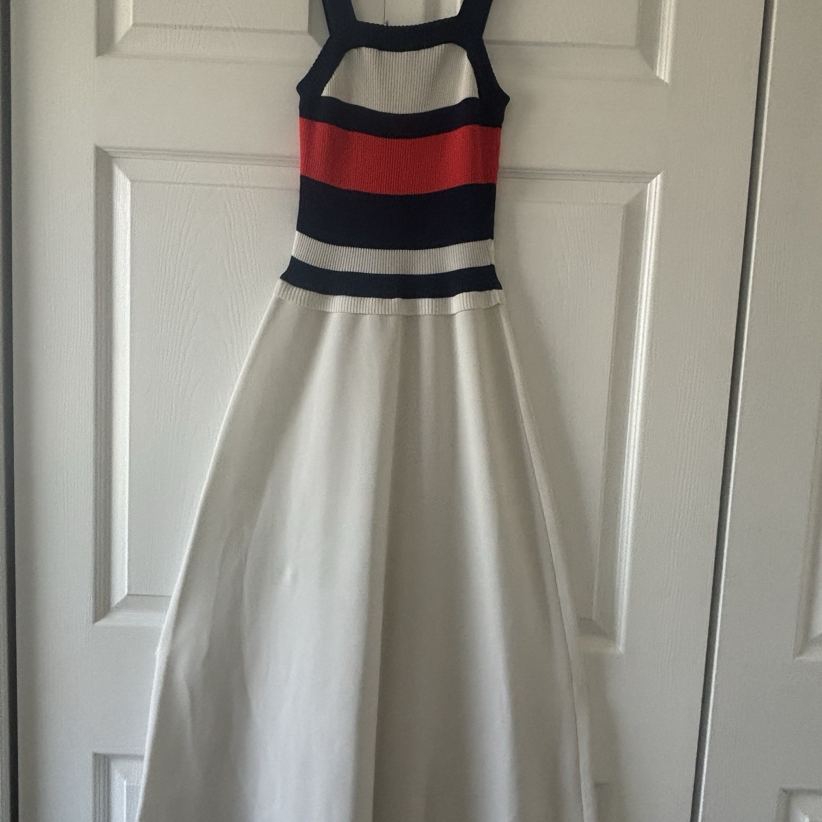 Vtg 70s Roncelli 5/6 Blue White Red Fit & Flare Maxi Dress Mod Retro w/ Scarf