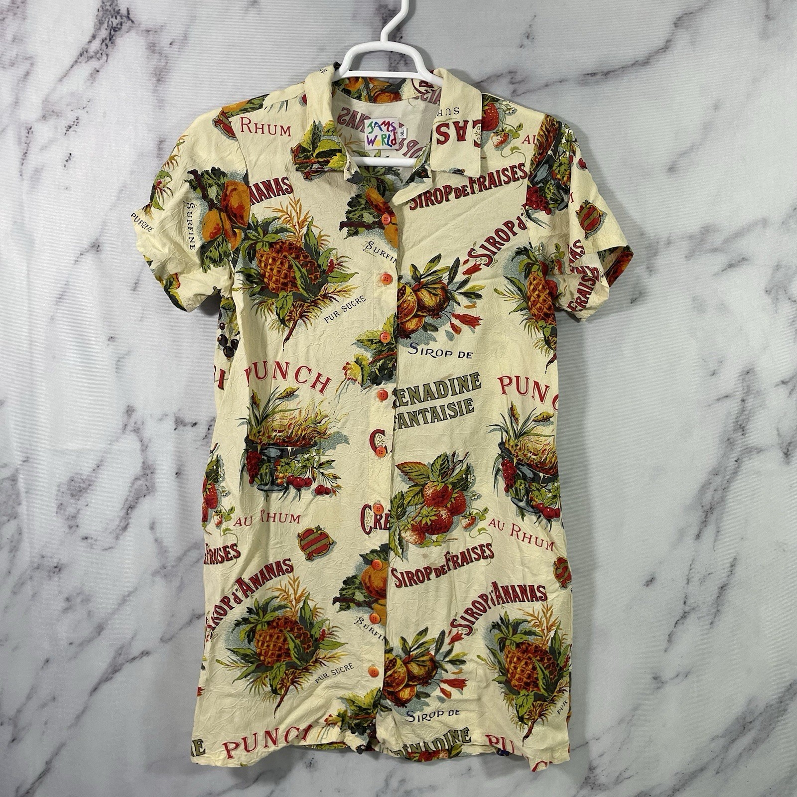 Vtg Jams World Shirt Dress Womens M/L French Fruit-Art Button-Up (REVIEW MEASUR)