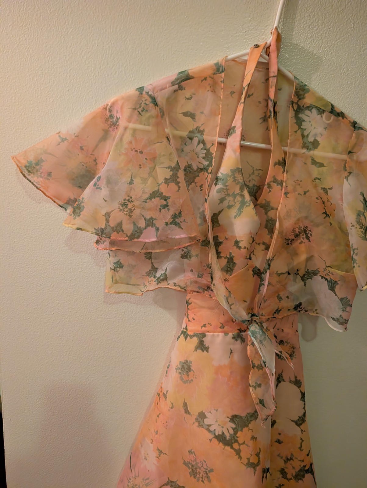Vintage 1960’s Floral Chiffon Halter Maxi Dress W Cape Sz 7 Union Made.Cottage