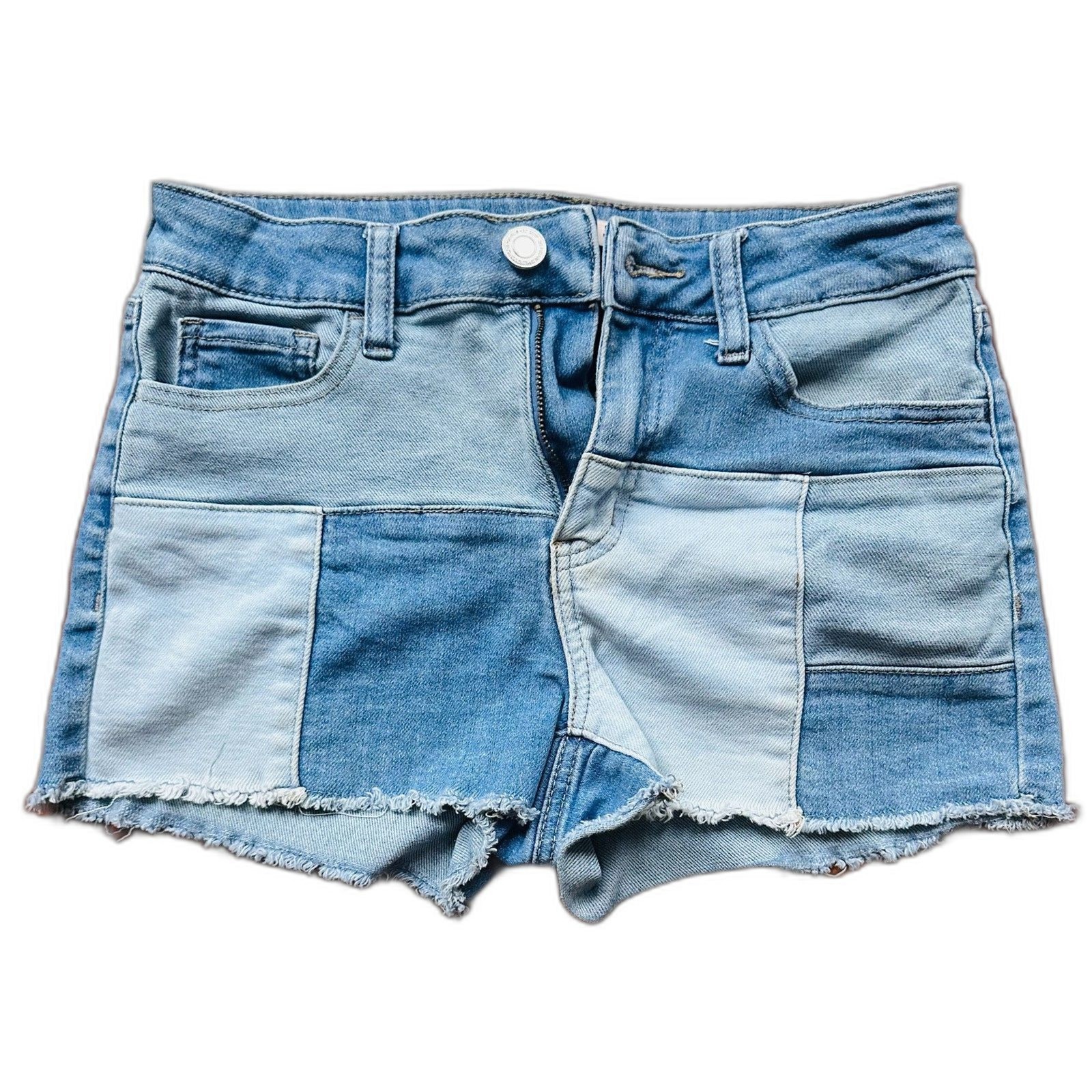 SO Bohemian Patchwork Multiple Denim Panels High Waist Raw Hem Shorts Jr. 9/29