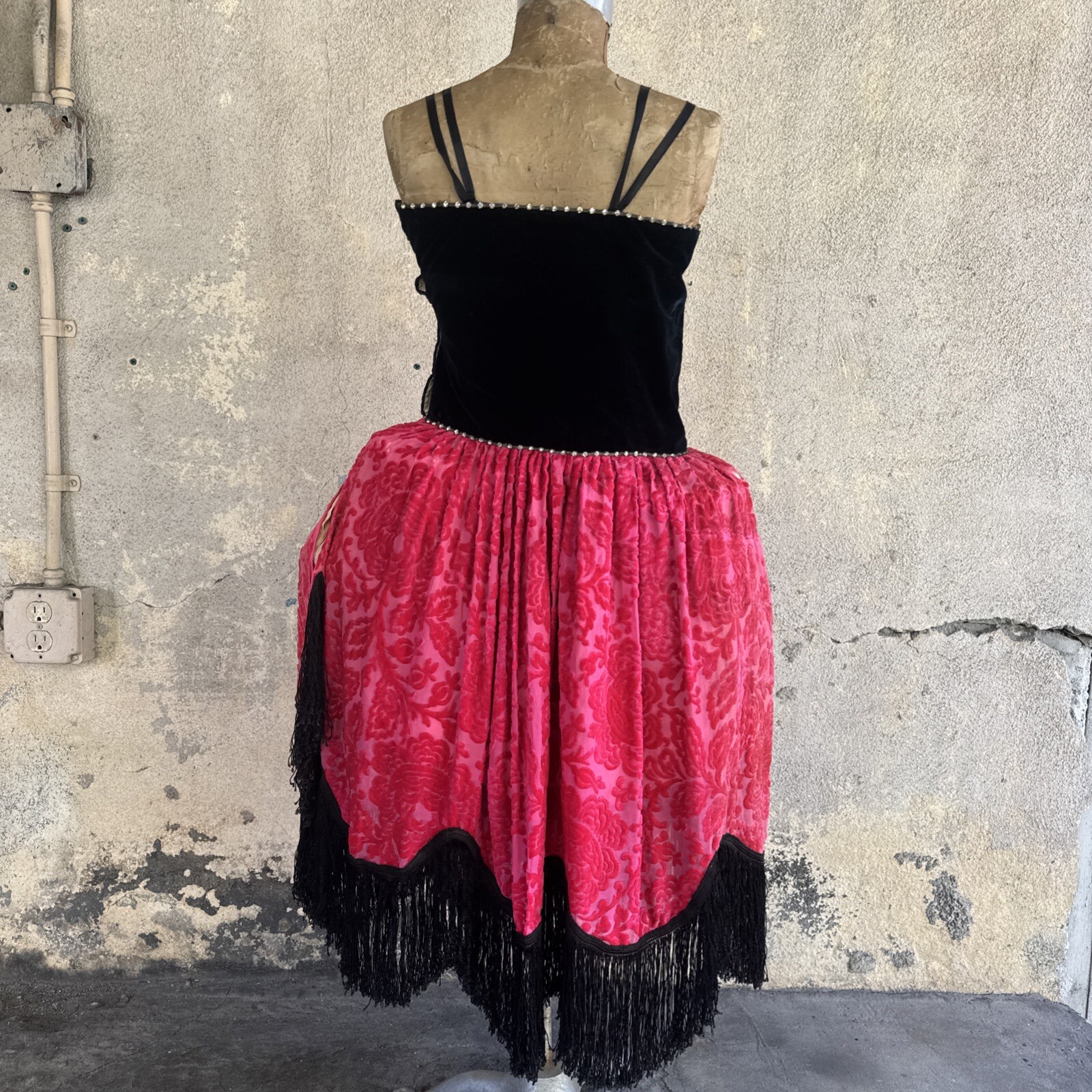 Antique 1920s Robe De Style Stage Dress Pink Devore Velvet Fringe Rhinestone VTG
