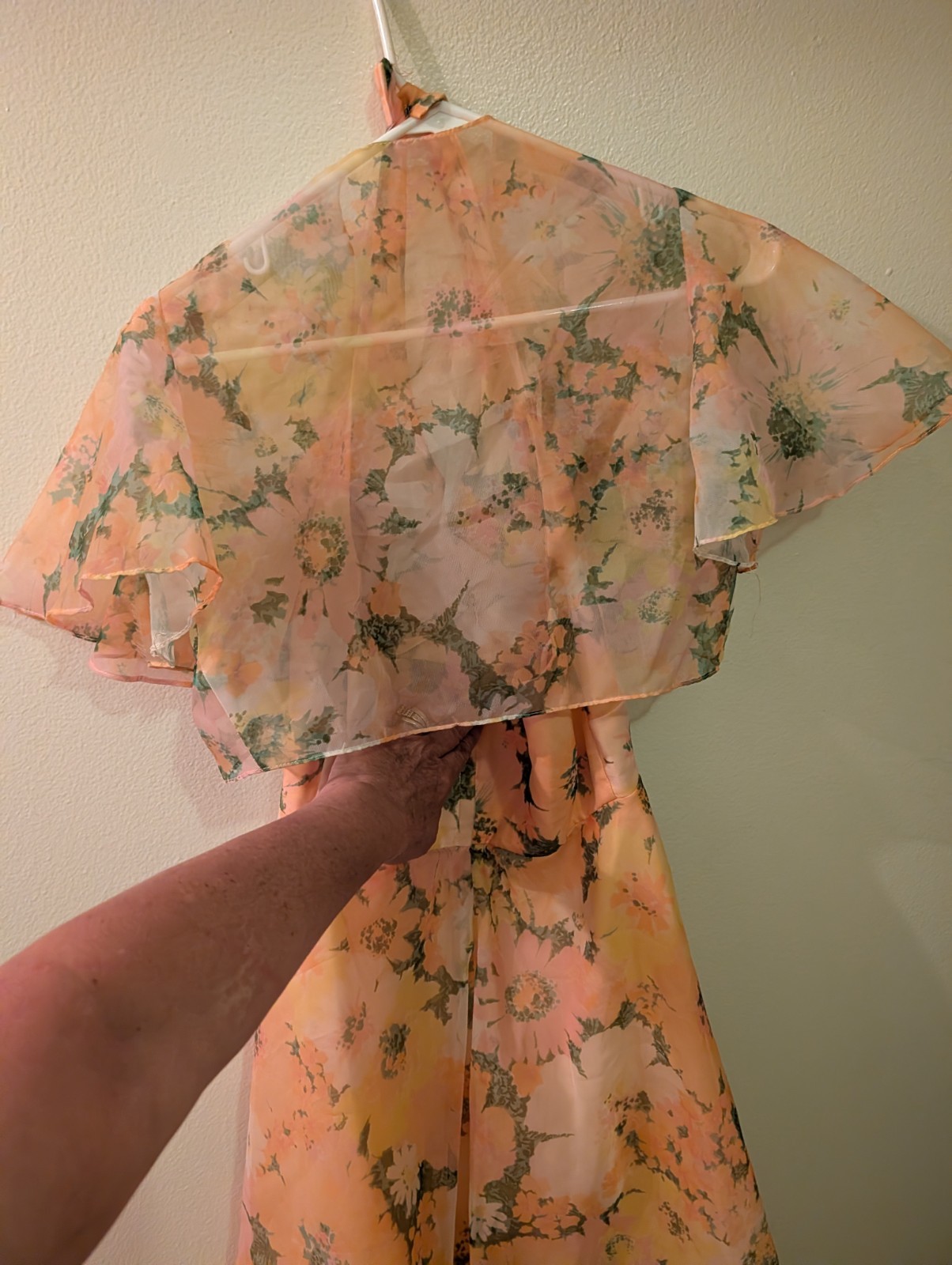 Vintage 1960’s Floral Chiffon Halter Maxi Dress W Cape Sz 7 Union Made.Cottage