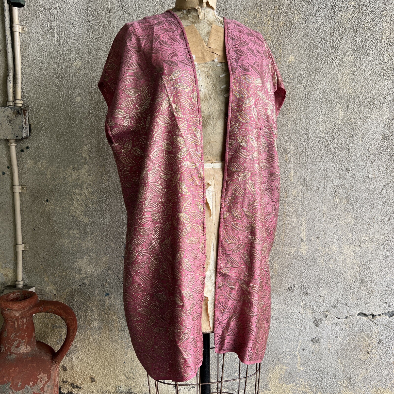 Antique 1920s Pink Silk Lamé Smock Mini Dress Blouse Fruit Design 1930s Vintage