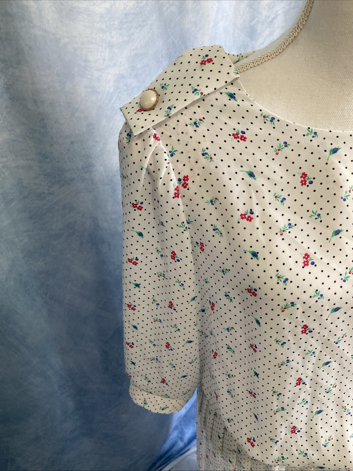 Vtg 80s Breli Union Made Midi Dress 16 Secretary Floral Polka Dot Pleated Sheer