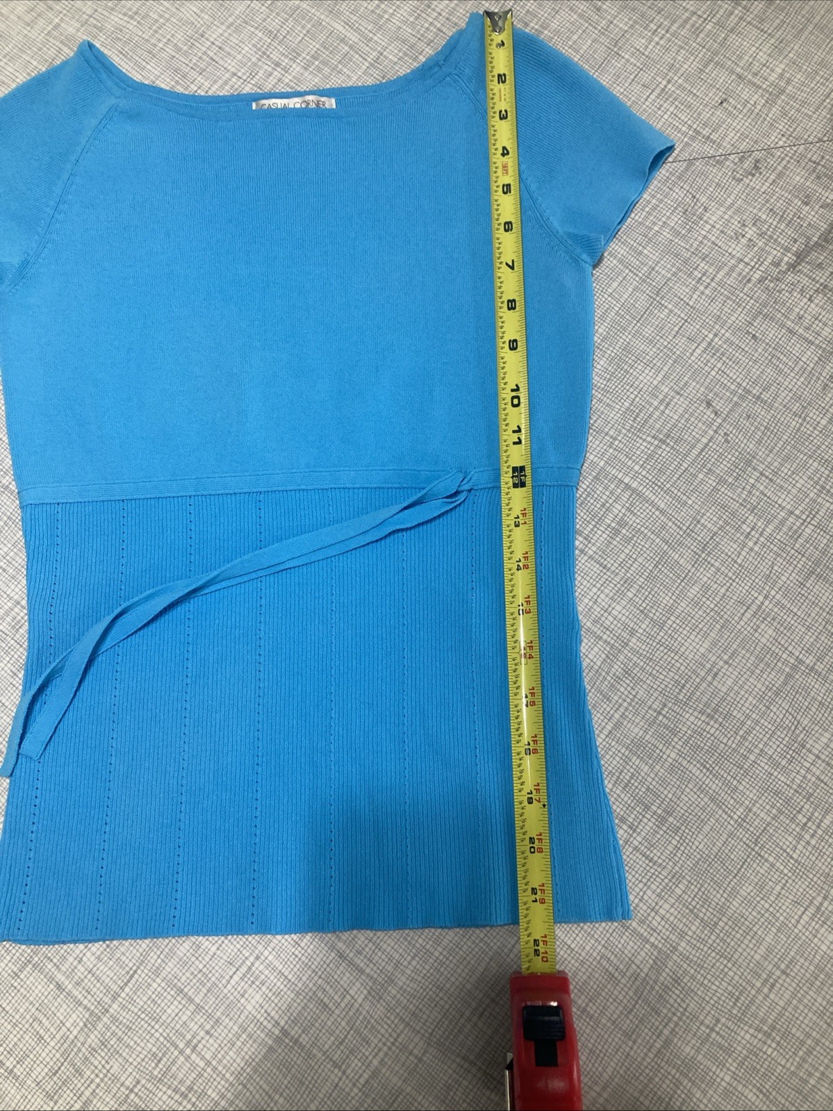 Vintage Casual Corner Turquoise Ribbed Knit Top Size Small Tie Waist Y2K EUC