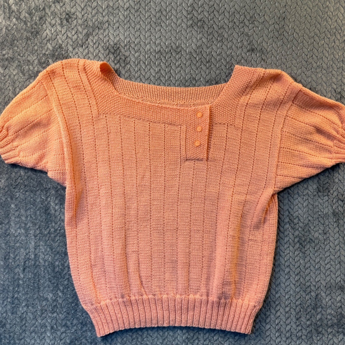 Vintage Handmade Peach Coral Knit Top Short Sleeve Ribbed Sweater Pinup