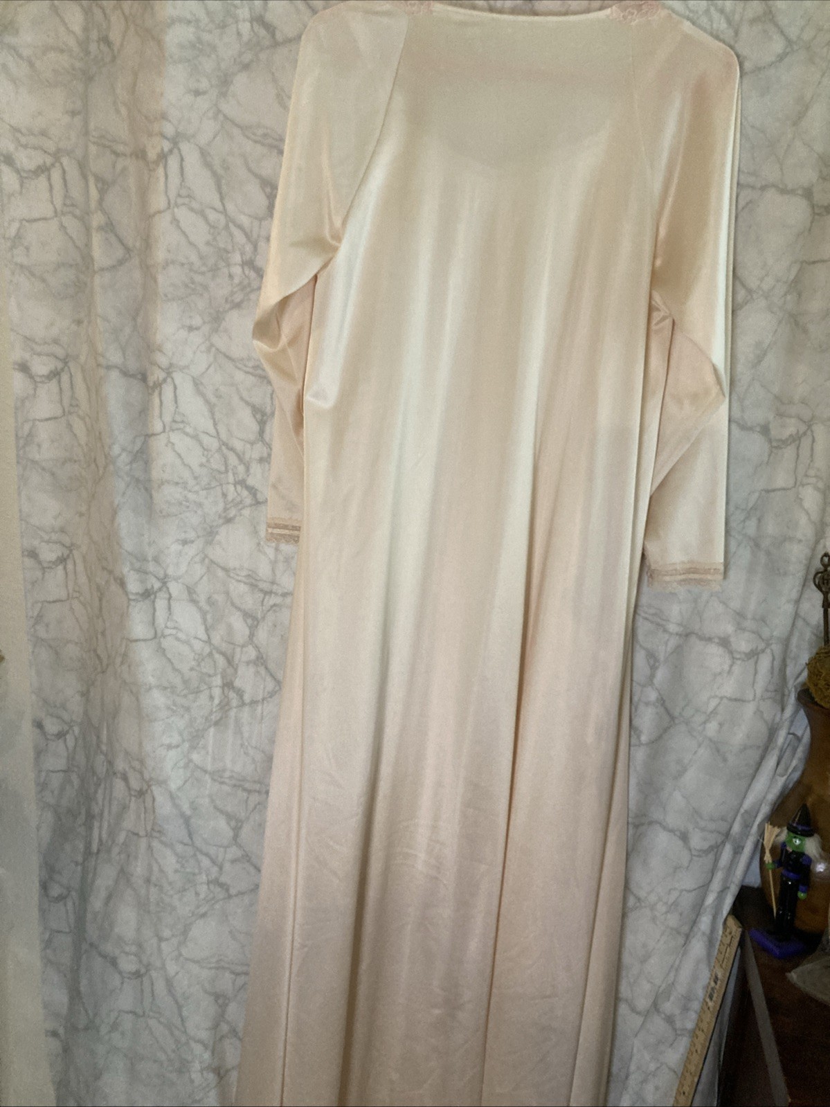 VNTG Vanityfair Silky Long Nightgown Set Pink Satin With Lace Sz S/M