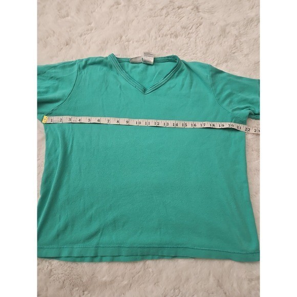Basic Editions Vintage Teal Green V-Neck T-Shirt Large 100% Cotton Boxy Y2K