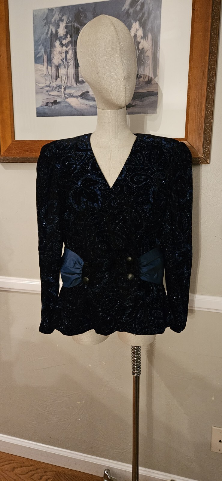 Vintage 1980s PATRA Velvet Formal Top With Blue Glitter Accents As Pictured