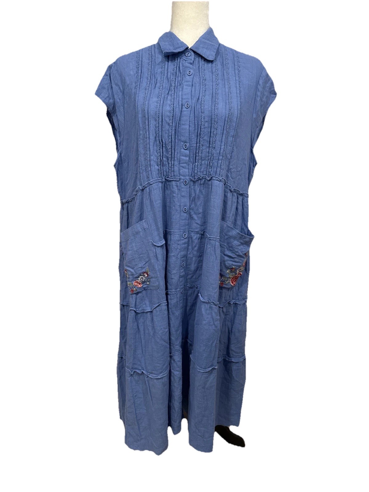Vintage April Cornell 2XL* Dress Blue Embroidered 100% Cotton RN 119492