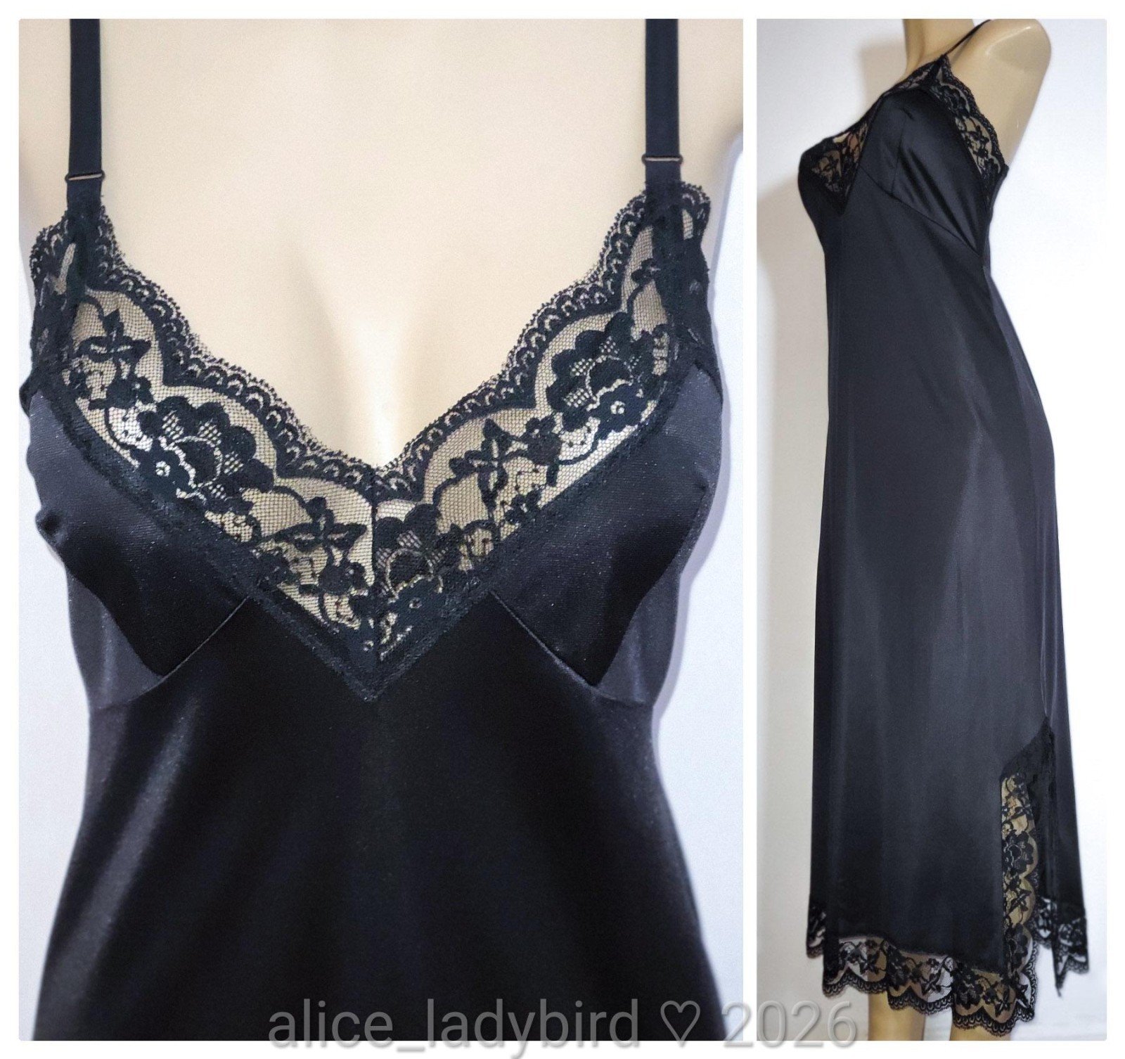Vintage SILKY Long SLIP Chantilly LACE Slit Full LINGERIE Dress Tall ~L 38-40