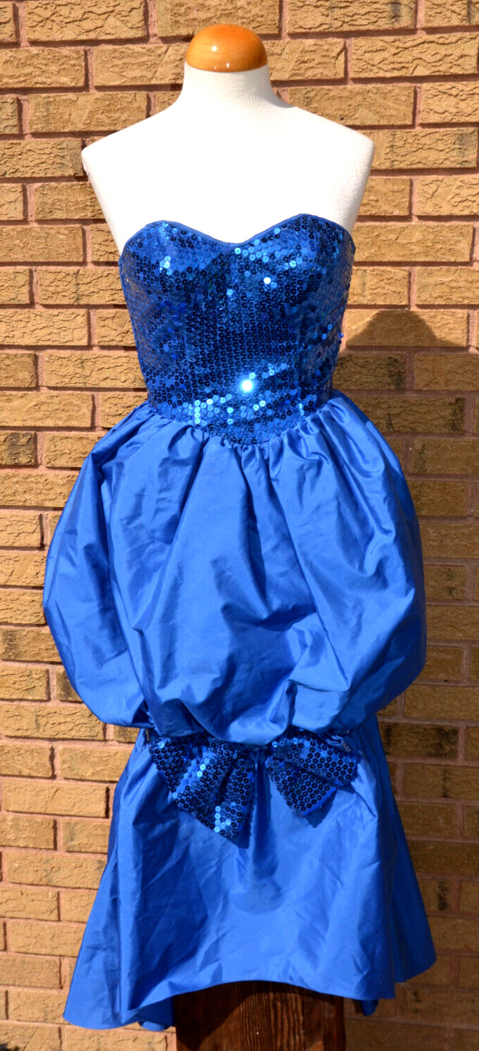ALYCE DESIGNS Blue Sequin Dress Bubble Hem Pageant Prom Gown Vtg 80s Strapless S