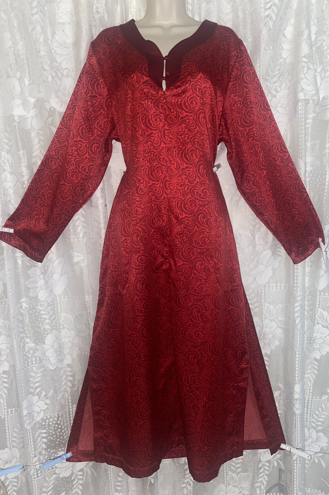 Vtg L RED SOFT Long Sleeve Zip Hostess Caftan Lounge Peignoir Robe for nightgown