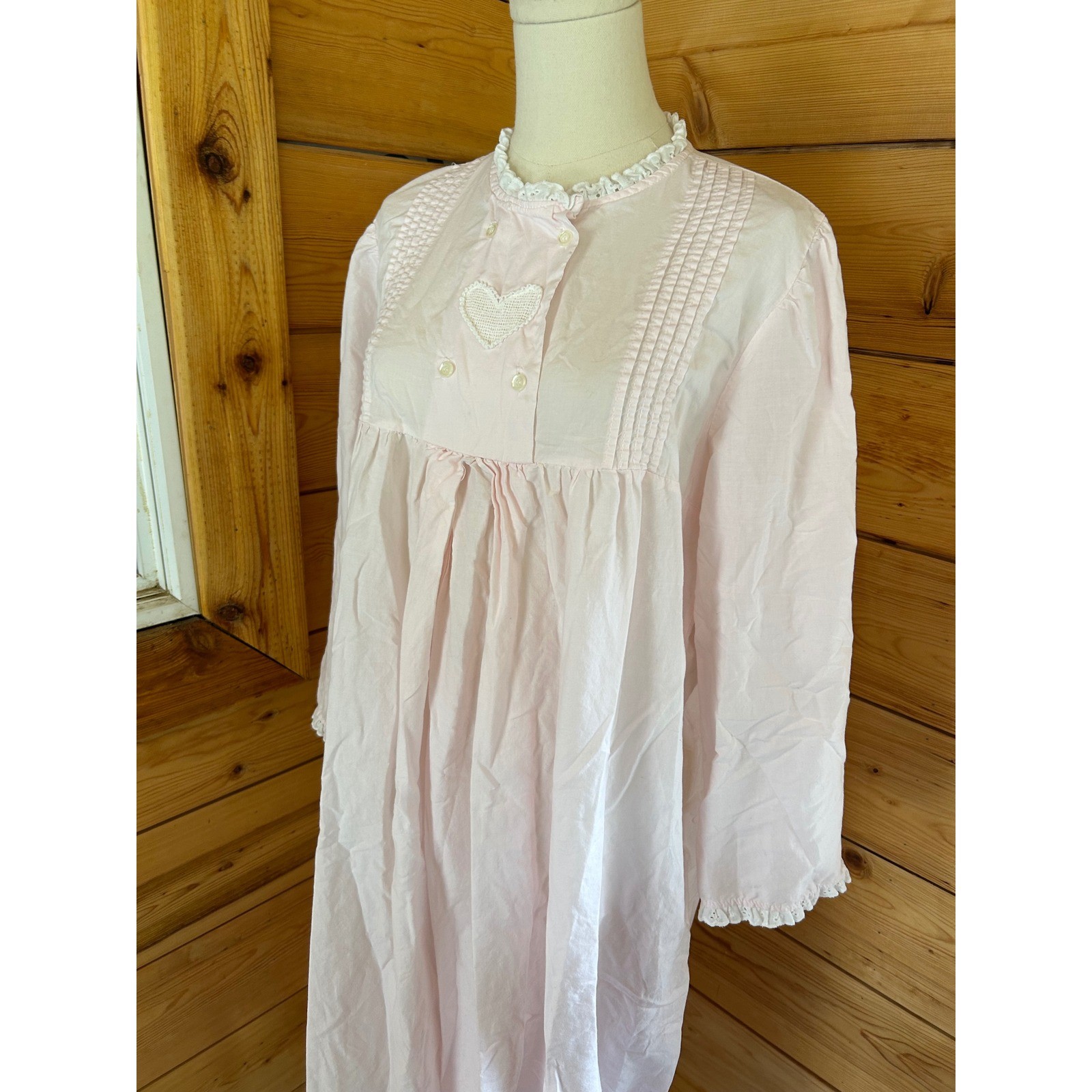 Vintage Cotton Nightgown Women Large Pink Eyelet Lace Heart Nocturne Nighty Retr
