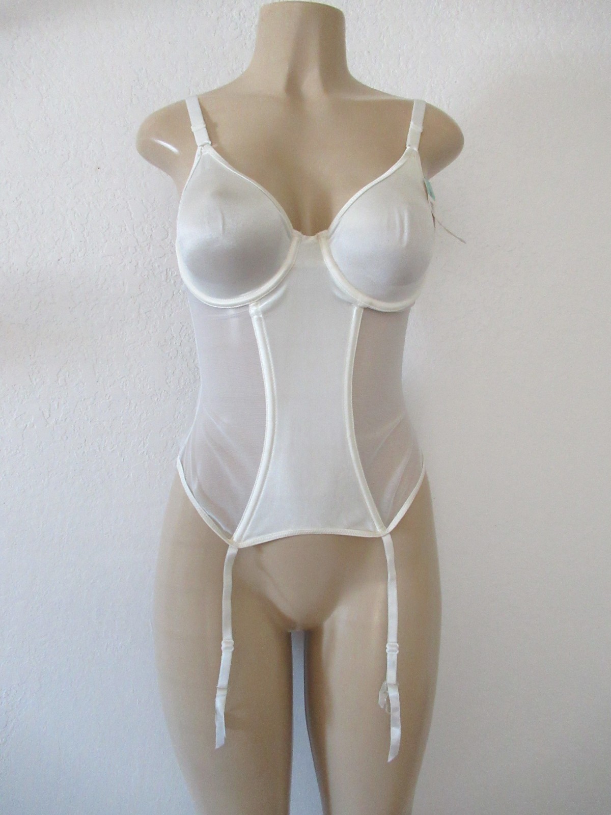 VTG NOS Van Raalte torsolette Bra 36B IVORY white boned mesh w/garters corset