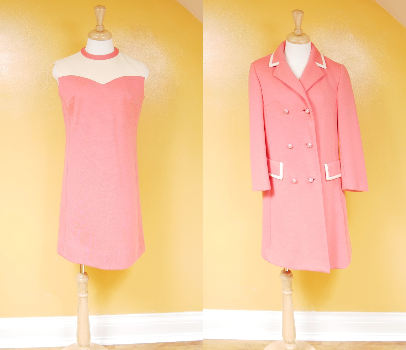 Vintage 1960s Coral Pink Mod Style Wool Dress and Jacket Set