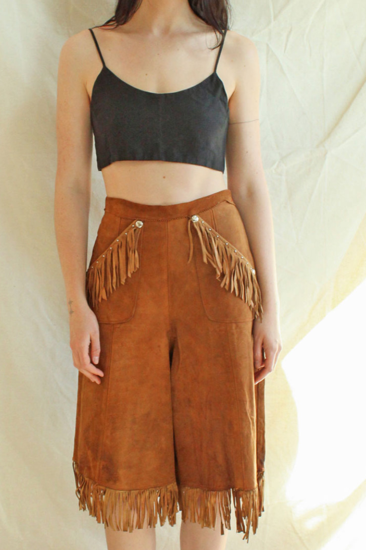 1940s suede fringe studded western culottes pants shorts lace up leather vintage