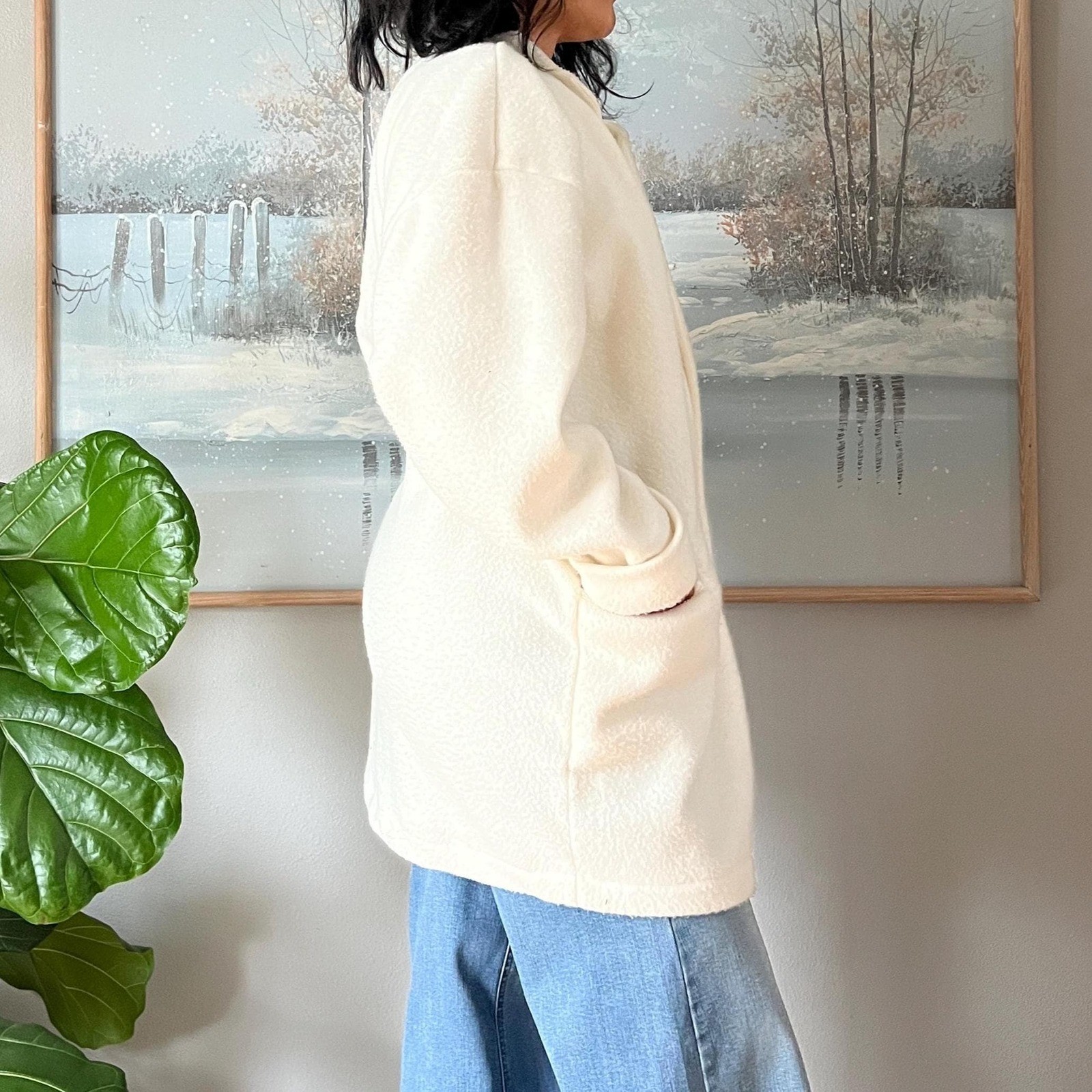 Vintage Cream Fleece Jacket Oversized Minimalist Coat Cozy Neutral 90s