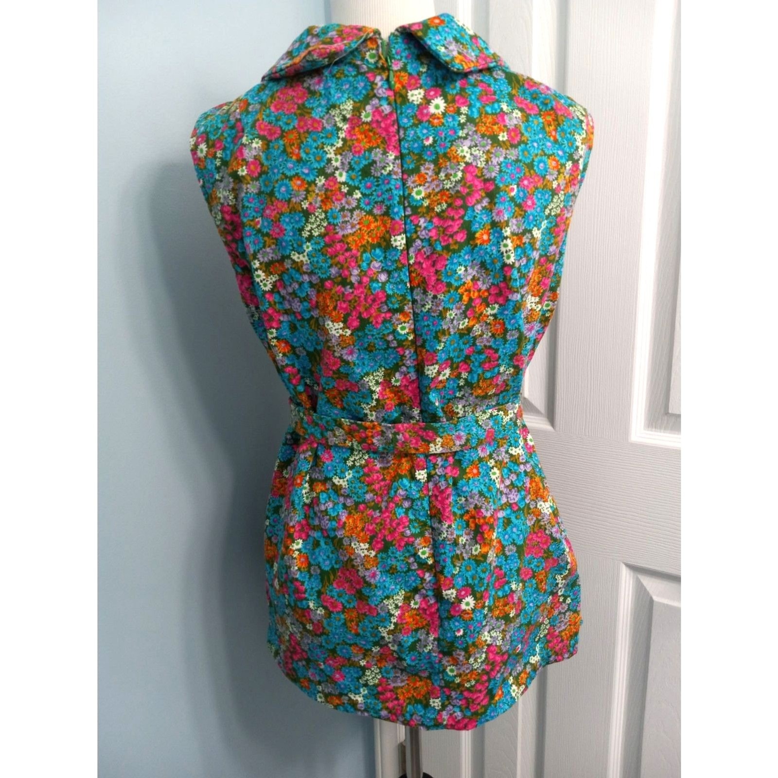 Vtg Handmade Floral Sleeveless Collared Tunic with Sash Belt MODERN SIZE LARGE