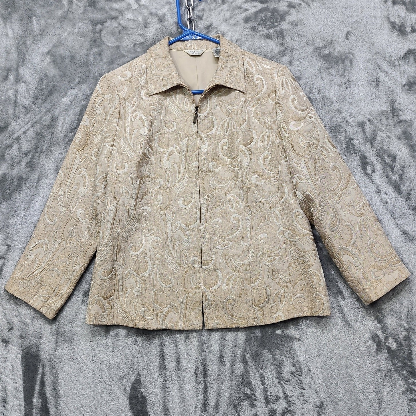 Vintage Laura Ashley Jacket Womens PS PETITE Gold Ivory Floral Damask Full Zip