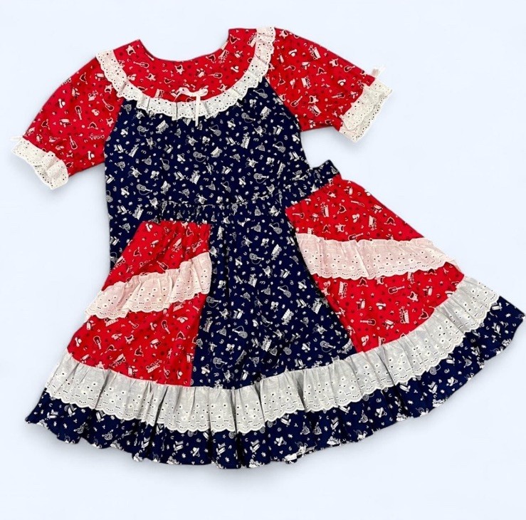 Red White Blue Western Novelty Print Square Dance Cowgirl Skirt Set 1970s