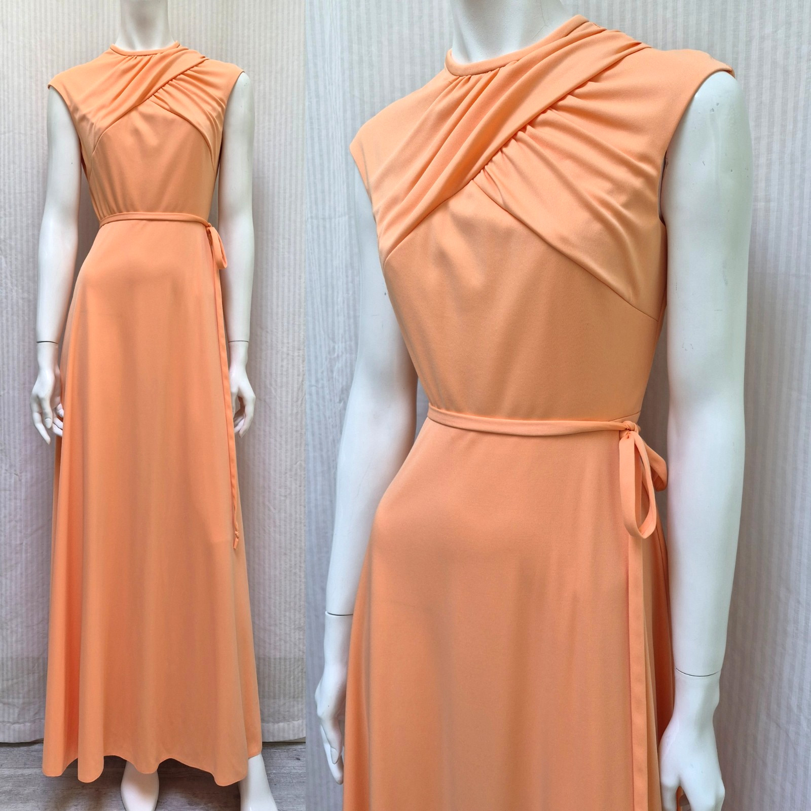 Vintage 1970s HOUSE OF BIANCHI Peach Maxi Dress Disco Jersey – Size S – EUC
