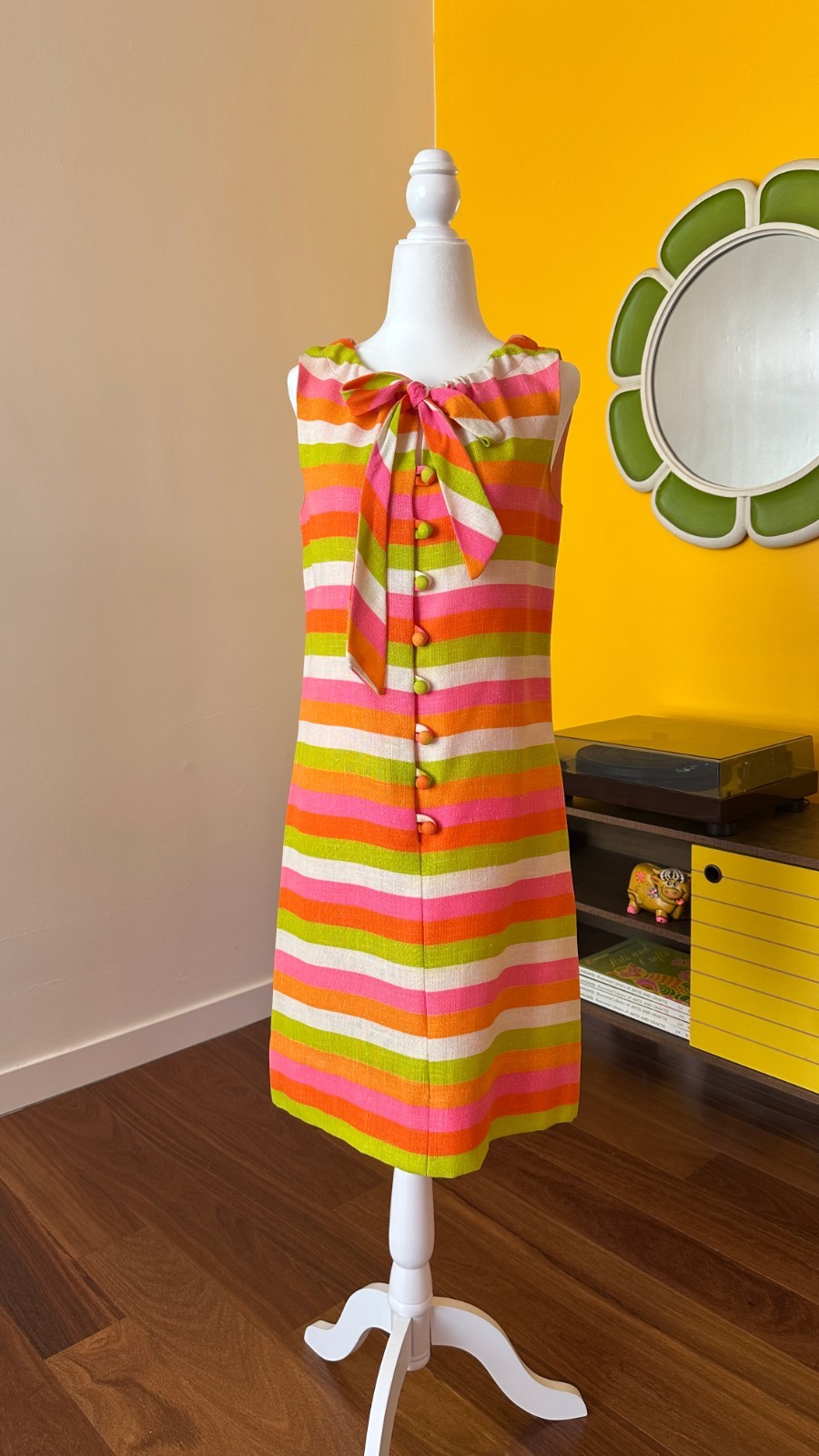Vintage 60s Mod DayGlo Striped Sleeveless Dress Green Pink Orange Bright Neon S