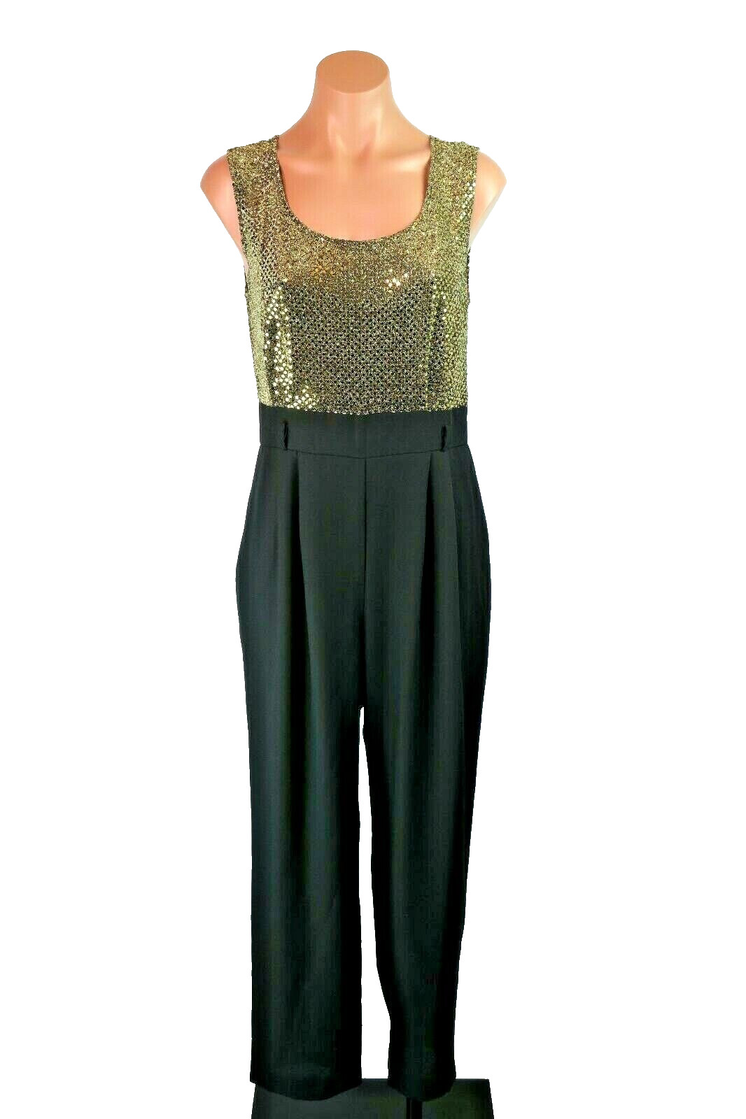 VTG 70s 80s Retro John Roberts Jumpsuit Disco Sequin Gold Black Romper sz 8P