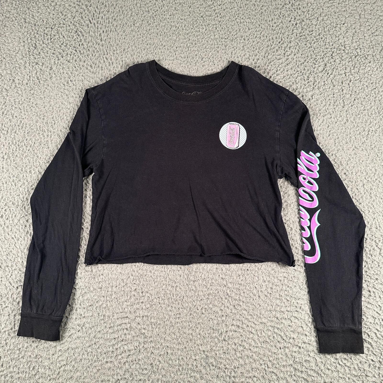 Vtg Coca-Cola Shirt Womens XL Black Cropped Long Sleeve
