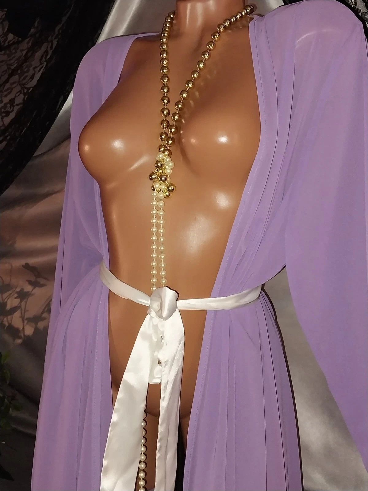 VTG SILKY SEMI SHEER TIERS PURPLE CHIFFON LONG TWIRLY ROBE DUSTER OSFM 52 54″