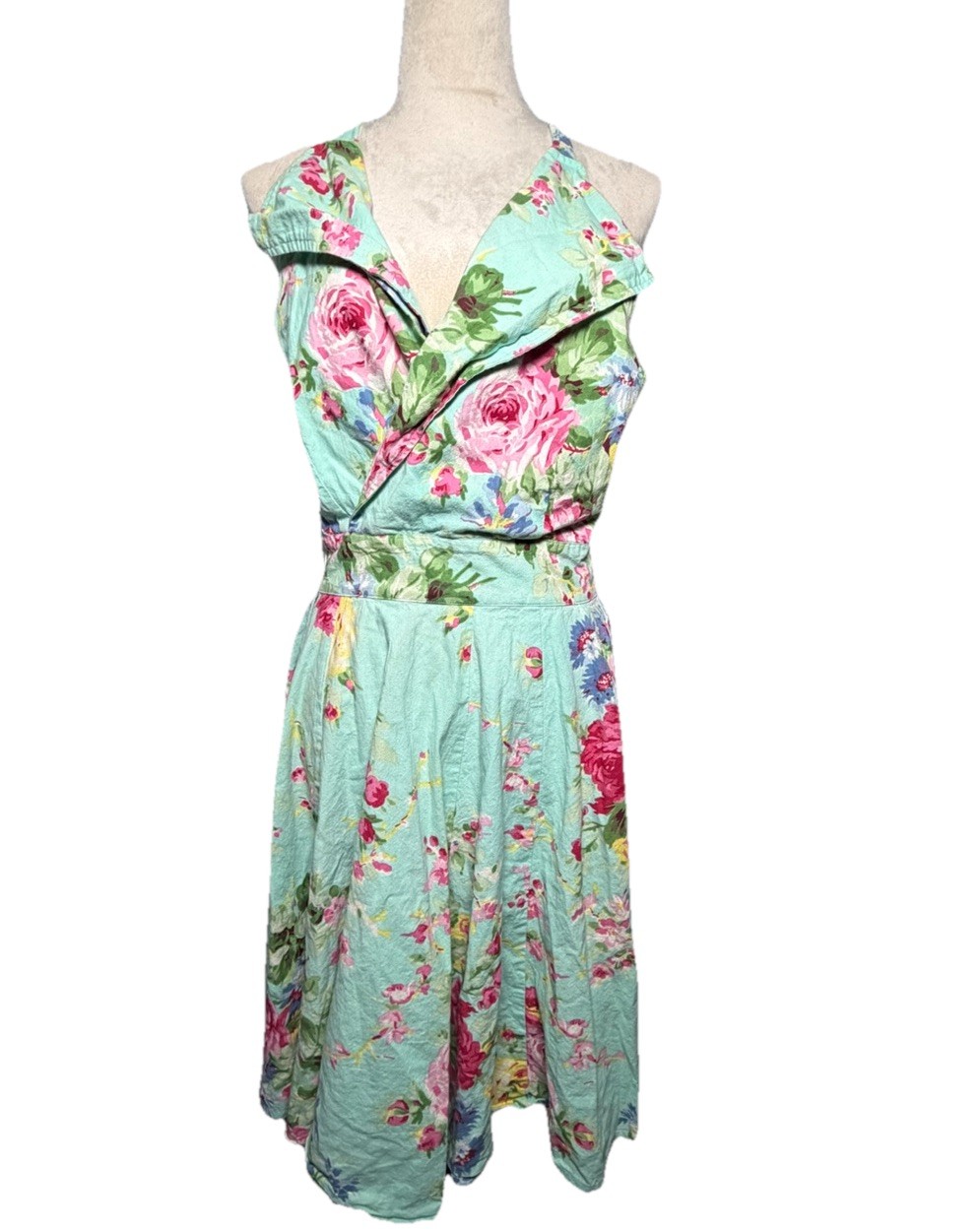 Vintage April Cornell Floral Apron Dress Cottagecore Tie Back Aqua Pink Roses