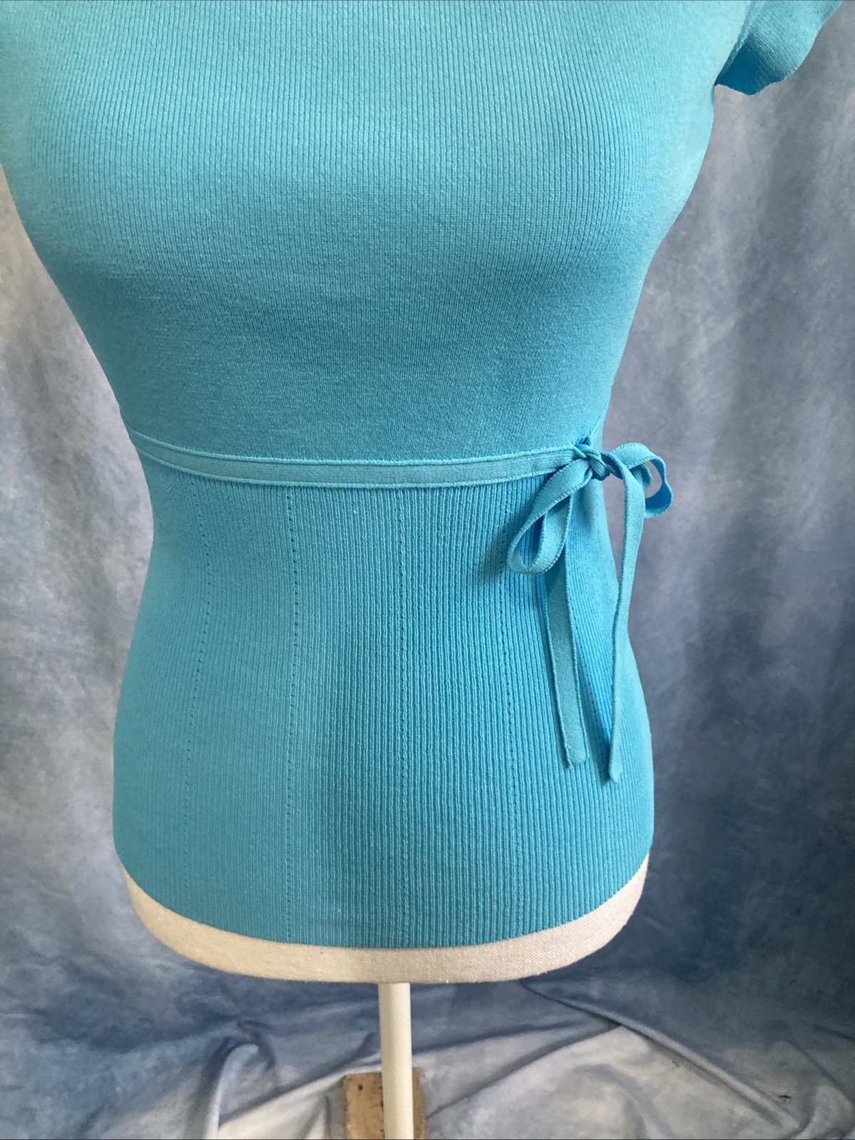 Vintage Casual Corner Turquoise Ribbed Knit Top Size Small Tie Waist Y2K EUC