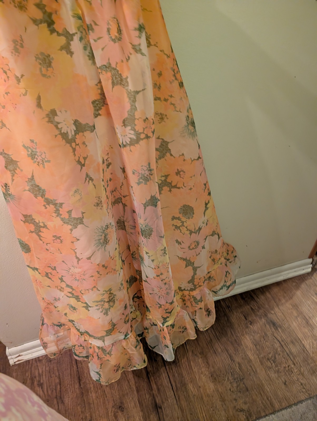 Vintage 1960’s Floral Chiffon Halter Maxi Dress W Cape Sz 7 Union Made.Cottage