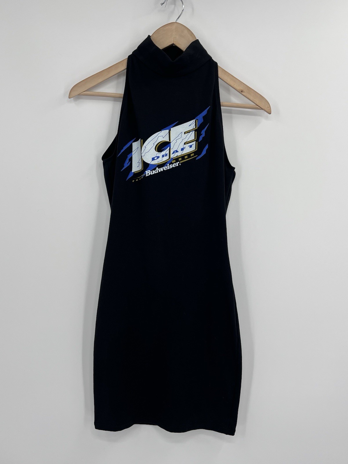 VTG 1993 Budweiser Ice Draft Shot Girl Body Con Black Halter Dress M Made In USA