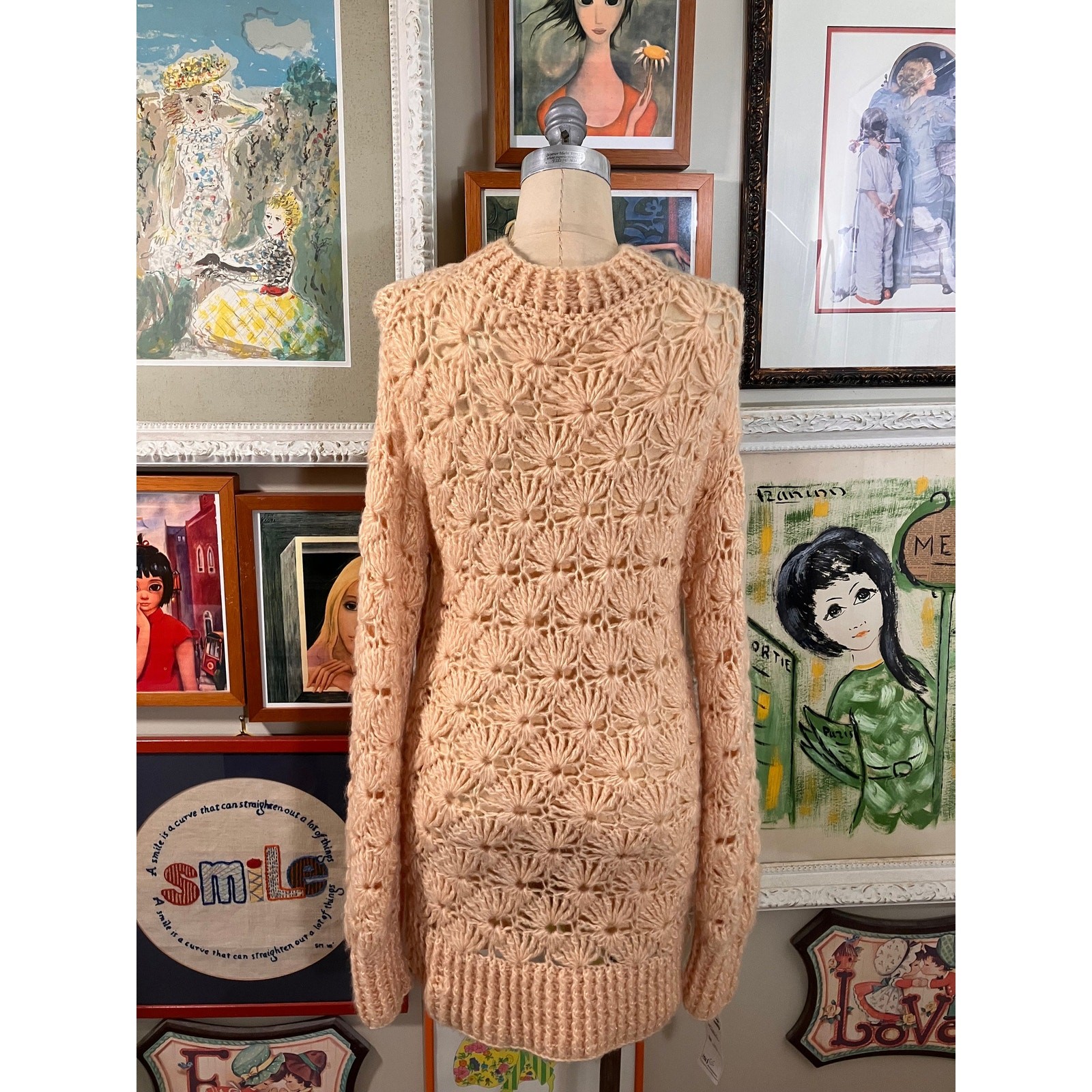 1970s Apricot Wool Blend Knit Sweater Dress Loose Crochet Pullover Tunic