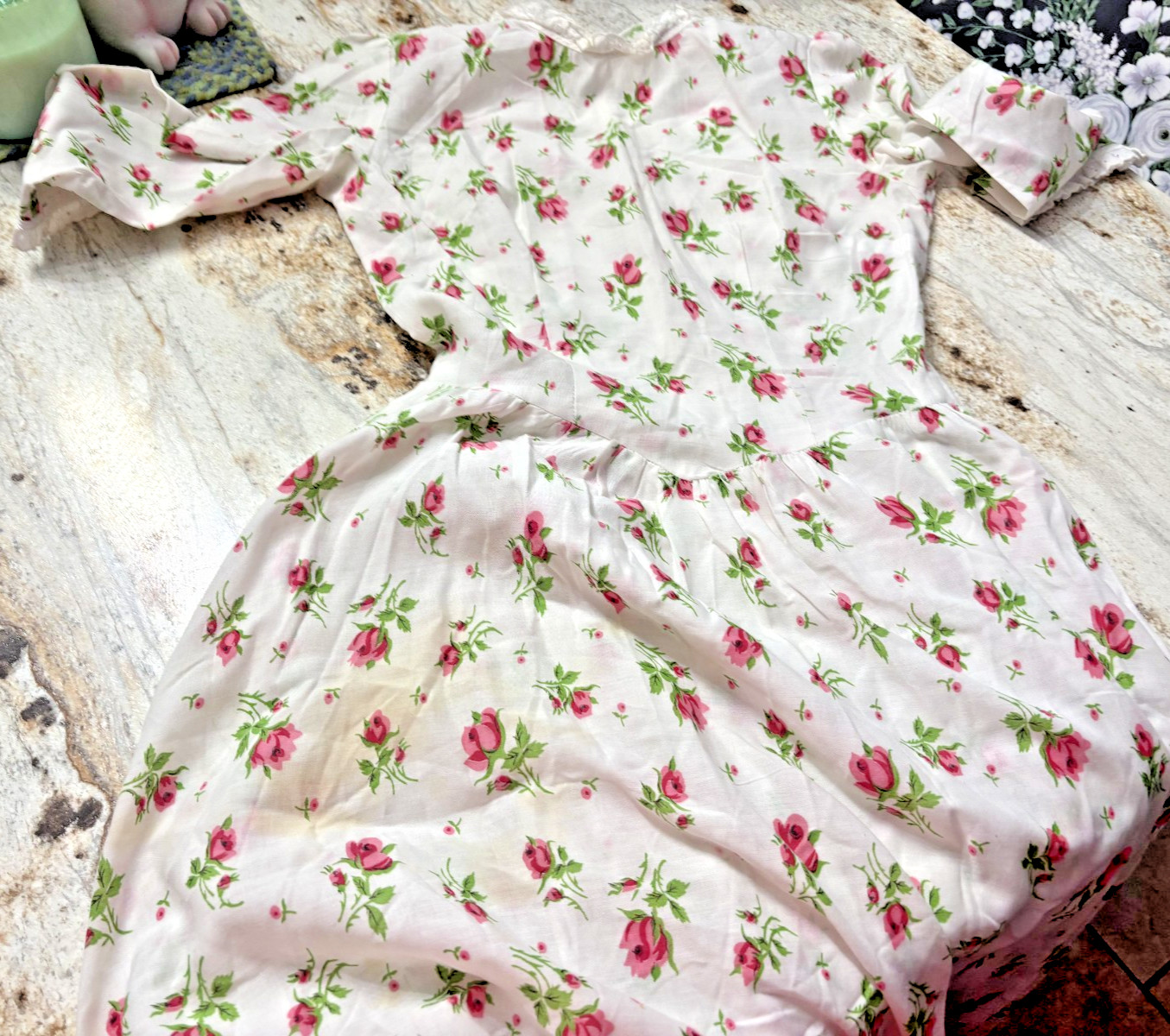 Handmade full length prairie dress & bonnet lace ruffle w 24″ l 52″ vintage 70s