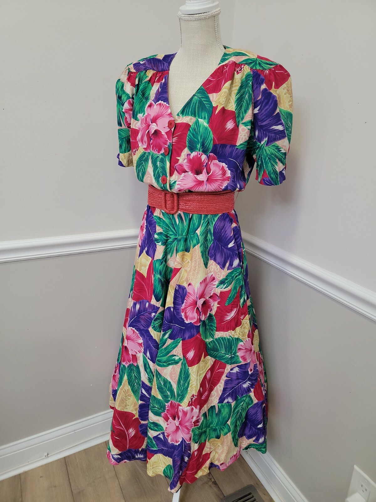 Vintage Carol Anderson Tropical Floral Tea Garden Party Dress Size 6