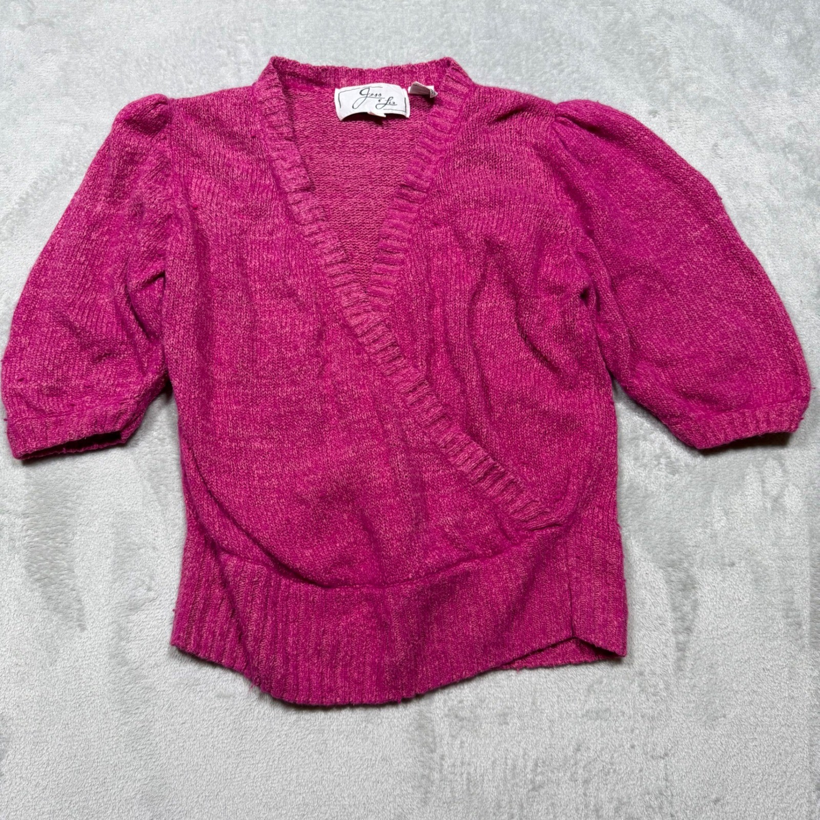 Vintage 80s Magenta Pink Silk Angora Blend Surplice Puff Sleeve Sweater Size L/M