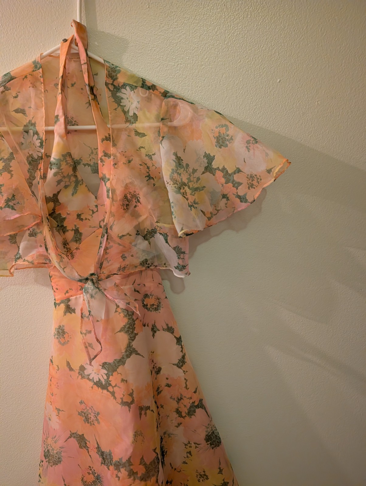 Vintage 1960’s Floral Chiffon Halter Maxi Dress W Cape Sz 7 Union Made.Cottage
