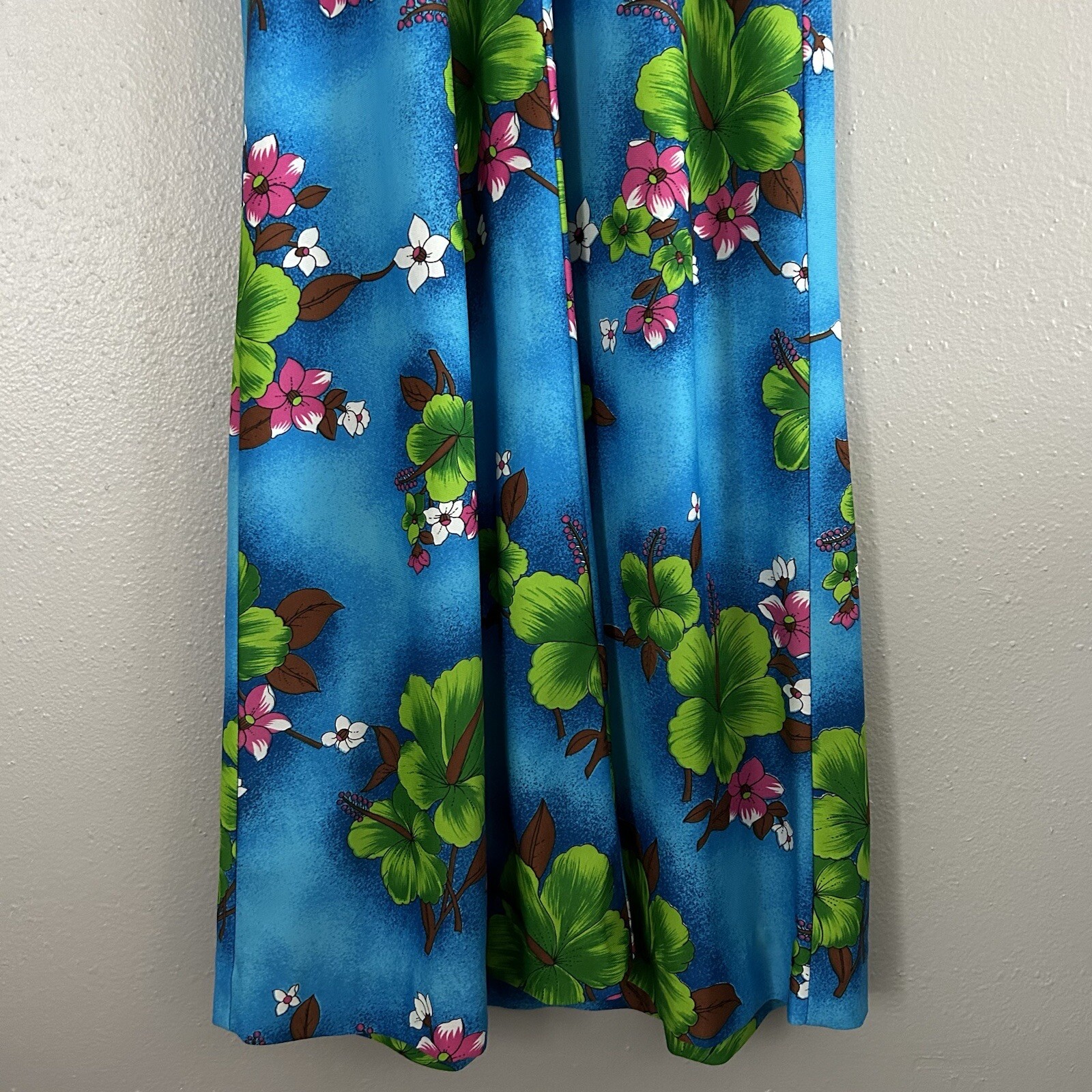 Vintage Hukilau Fashions Blue Green Floral Long Maxi Dress Sz 10 Hawaiian 1970s