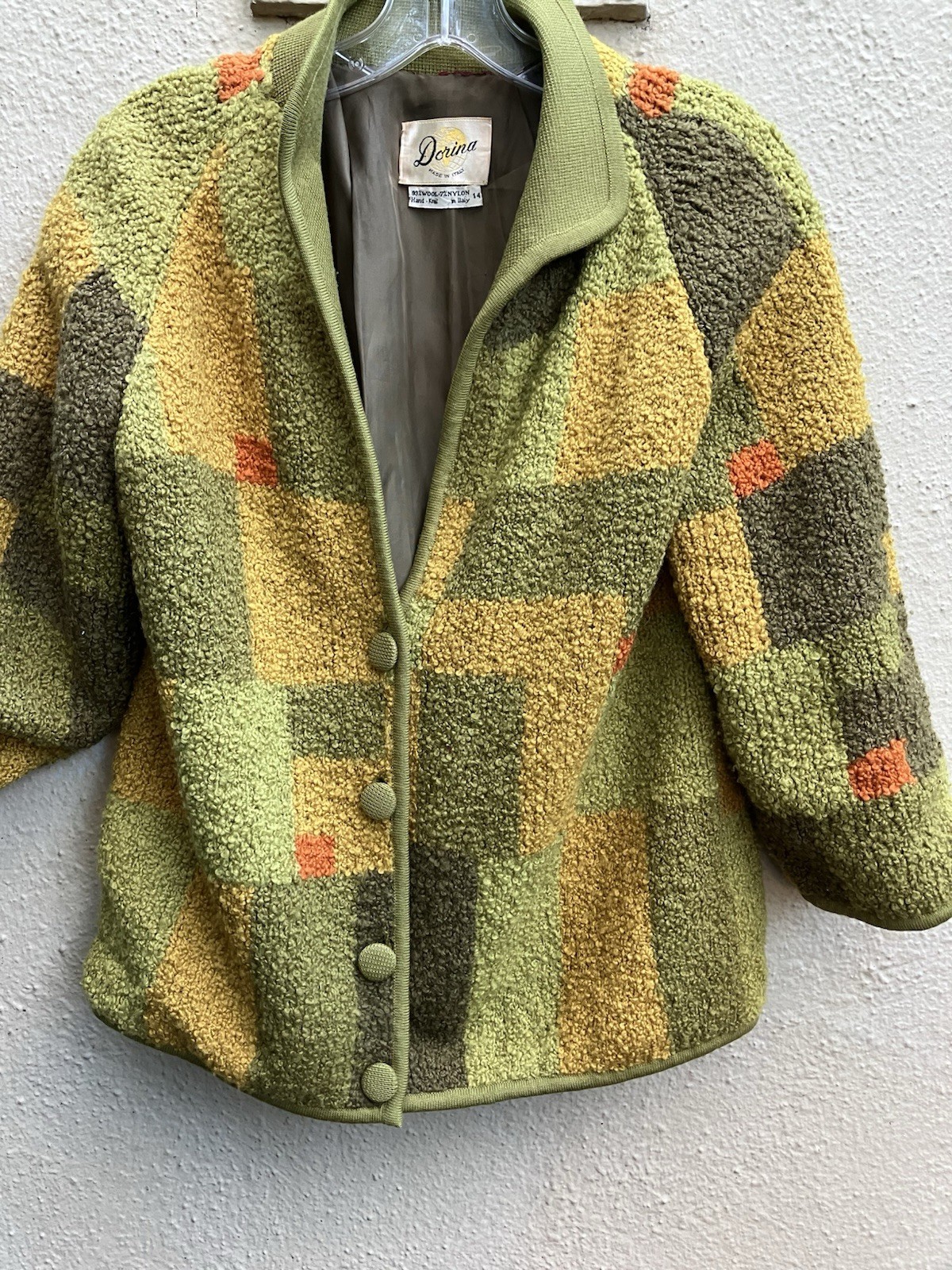 Vtg Wool Boucle Hand Knit JACKET/COAT Italy DORINA Large/sz 14 Colorblock