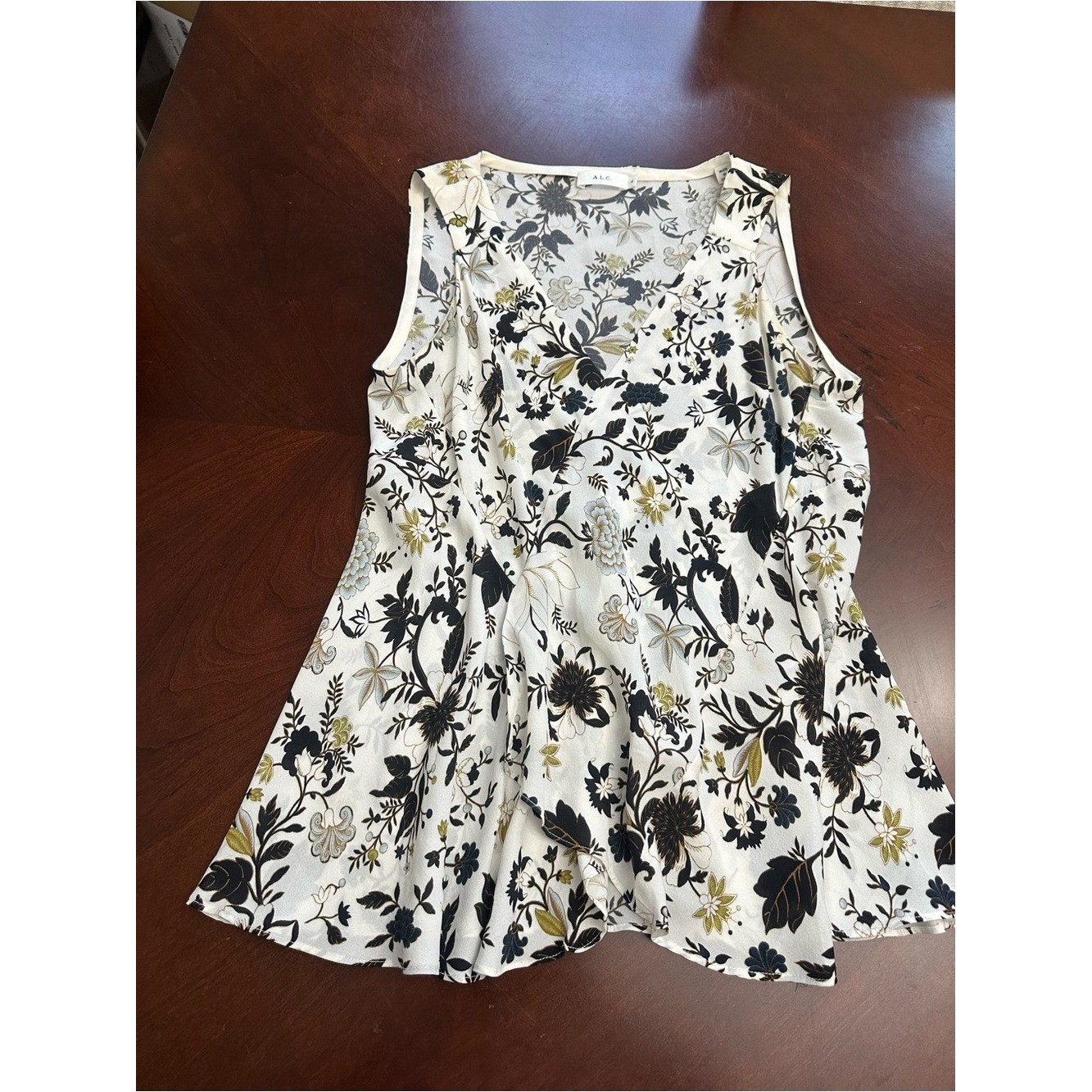 A.L.C. Floral V-Neck Sleeveless Top in Ivory,Black, Olive 100% silk