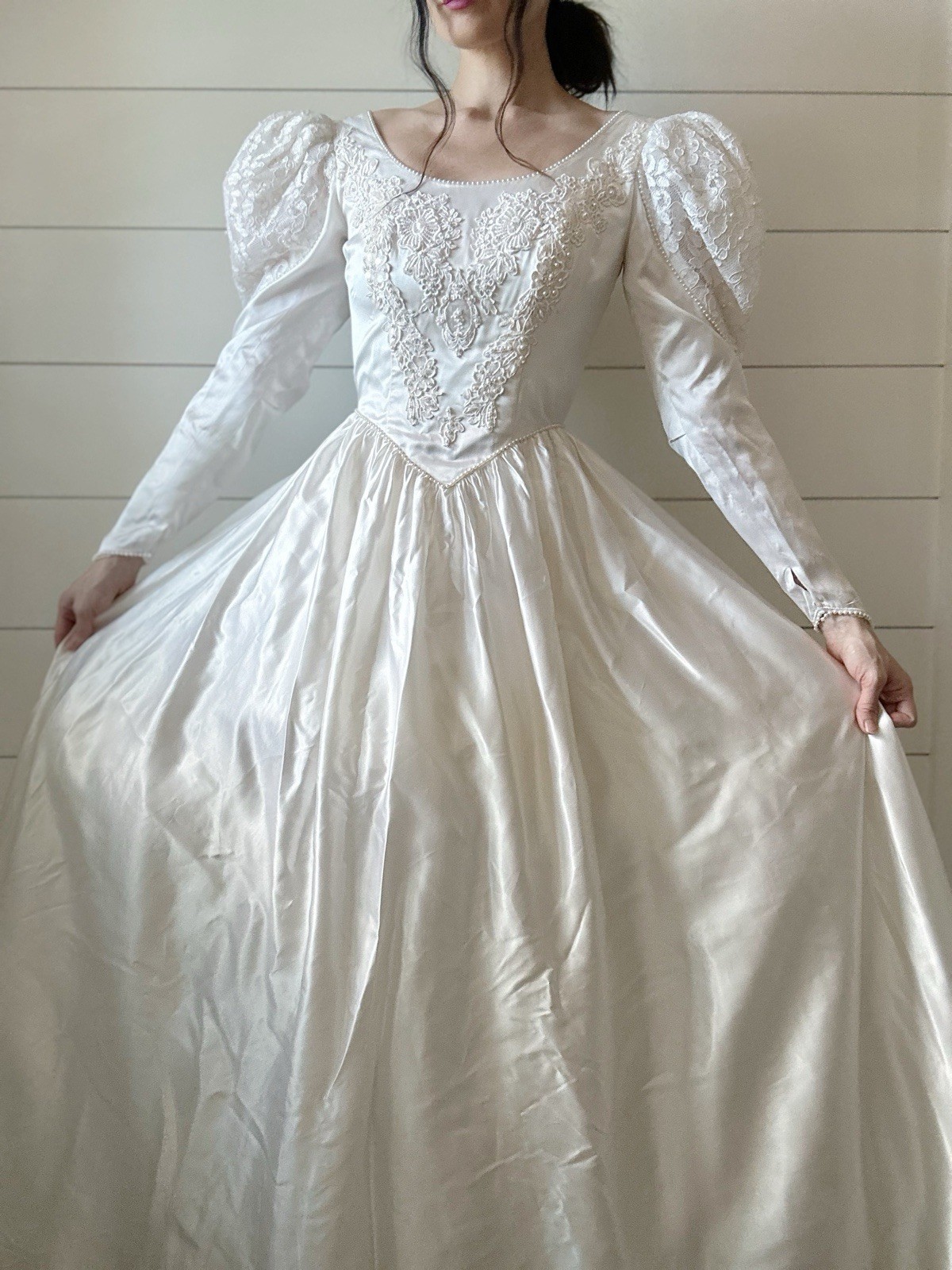 Vintage Wedding Dress 1980s Satin Princess Cut Ballgown Beadwork Train Lace