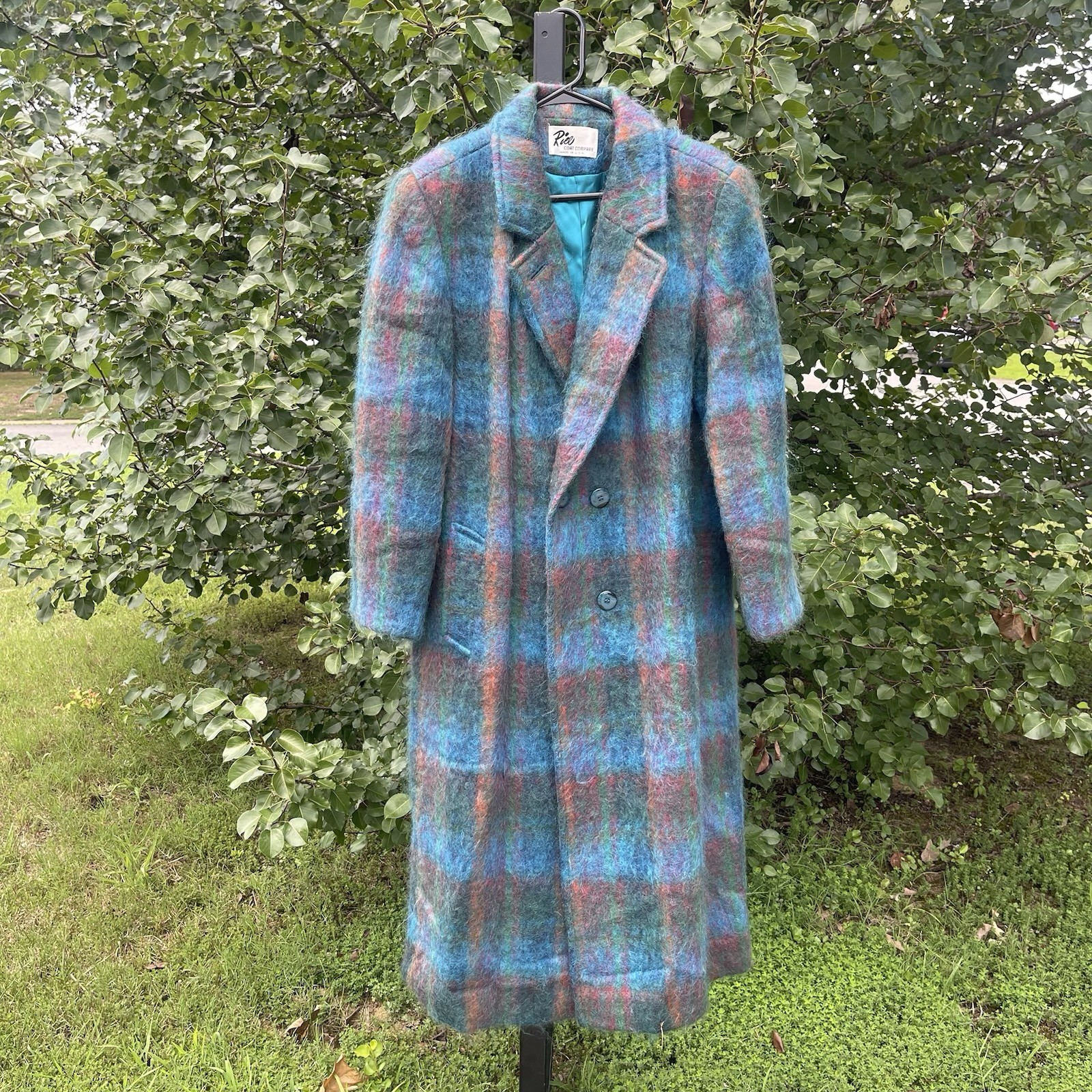 Vintage 70s 80s RIEL Coat Company Blue Rainbow Mohair Long Jacket Union made