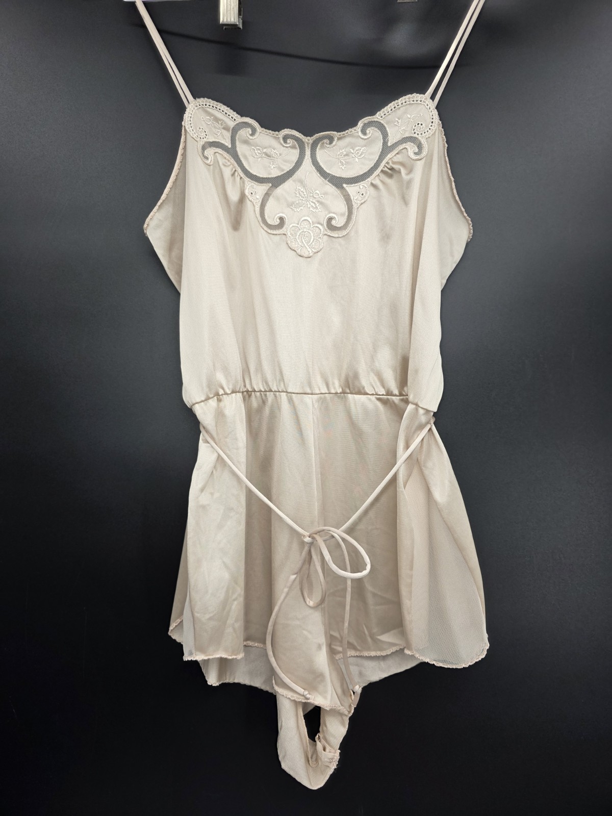 Vintage Vanity Fair Teddy Romper M Beige Lace Lingerie Bodysuit Satin Sheer