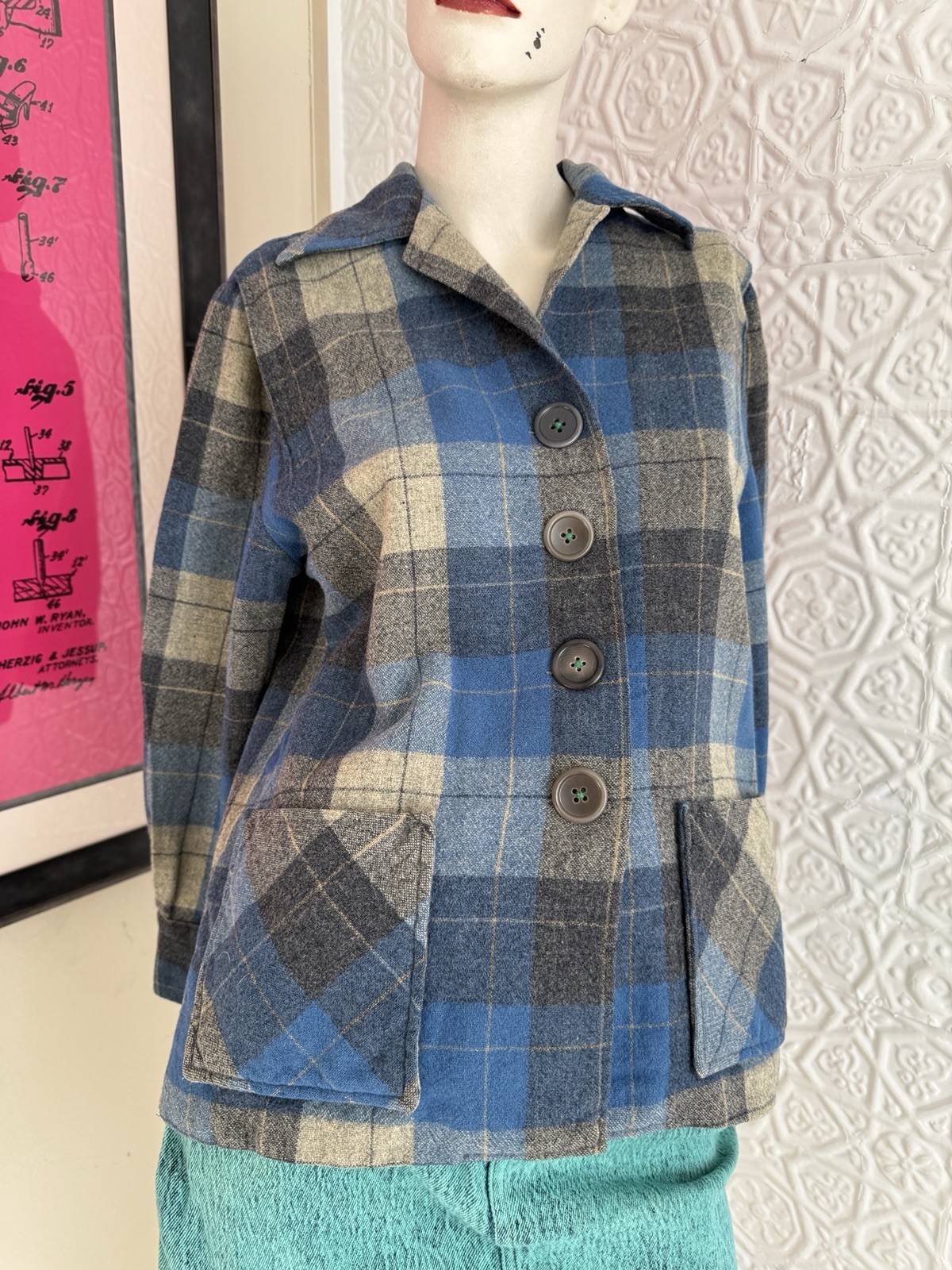 True Vintage 1950s/1940s era pendleton style 49er jacket blue grey plaid S/M