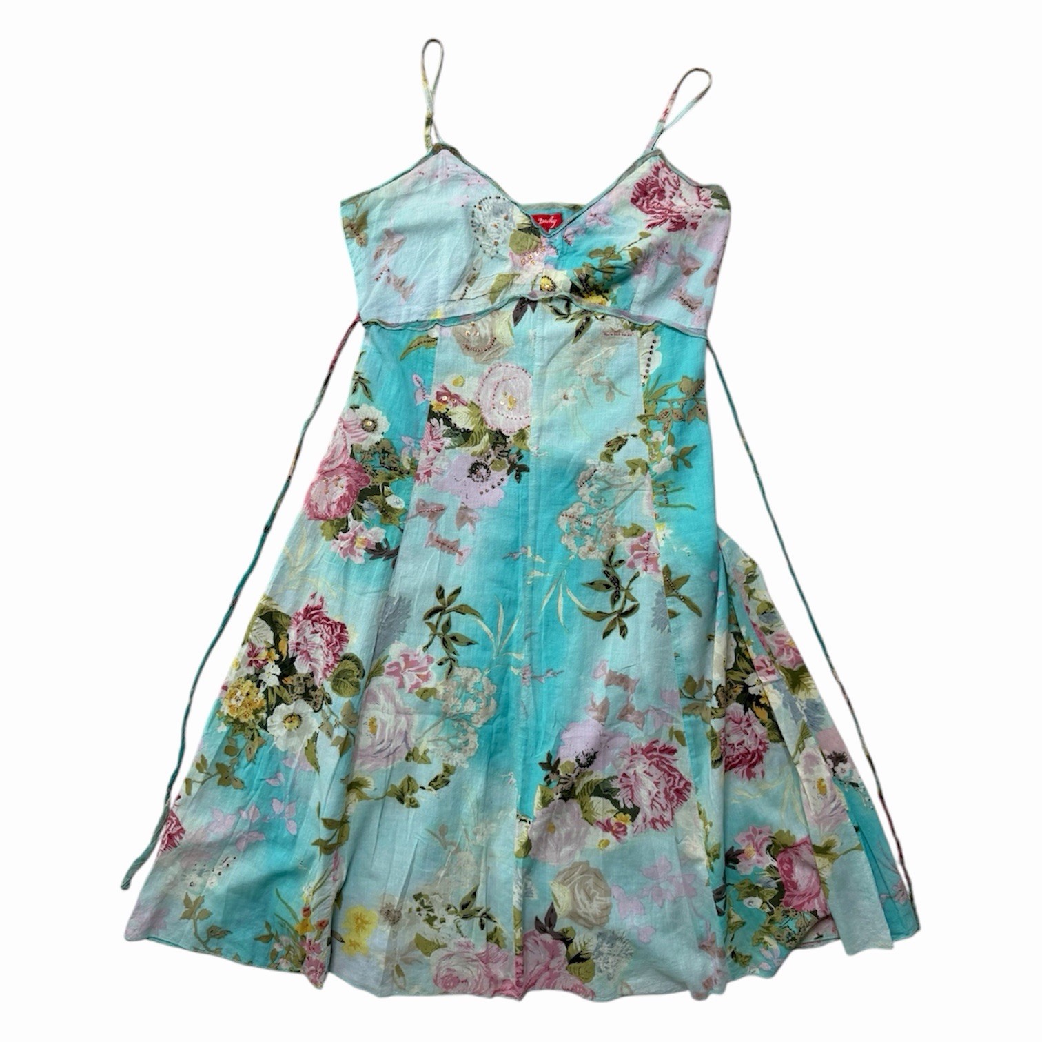 Vintage René Derhy Floral Aqua Fairy Dress Beaded Embellished Cottagecore Y2K