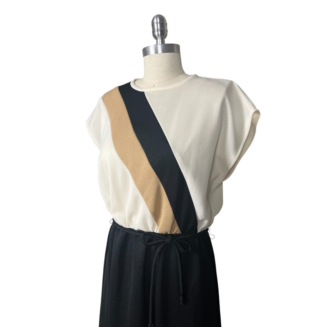 Vintage 70s Cap Sleeve Black, Tan, & White Stripe Knee Length Secretary Dress 14