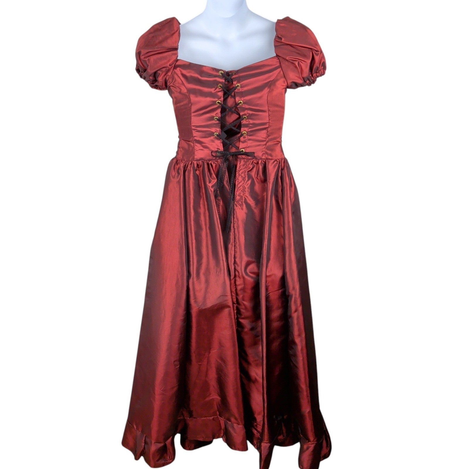 Red Victorian Goth Renaissance Lace Up Corset Dress Puff Sleeve Black Lace Trim
