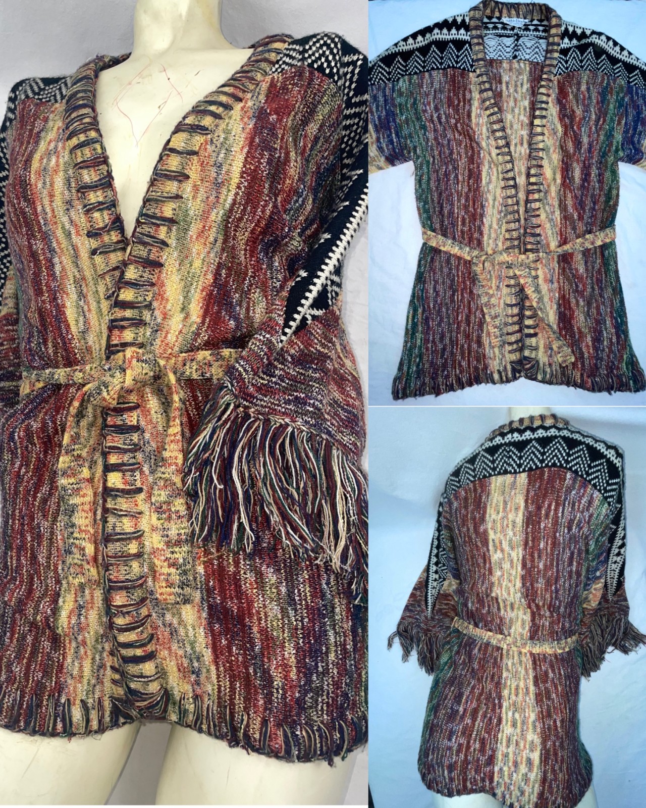 VTG 60S 70S WOMENS S FRINGE MULTI COLOR BELTED BOHO HIPPY BOBBIE BROOKS SWEATER